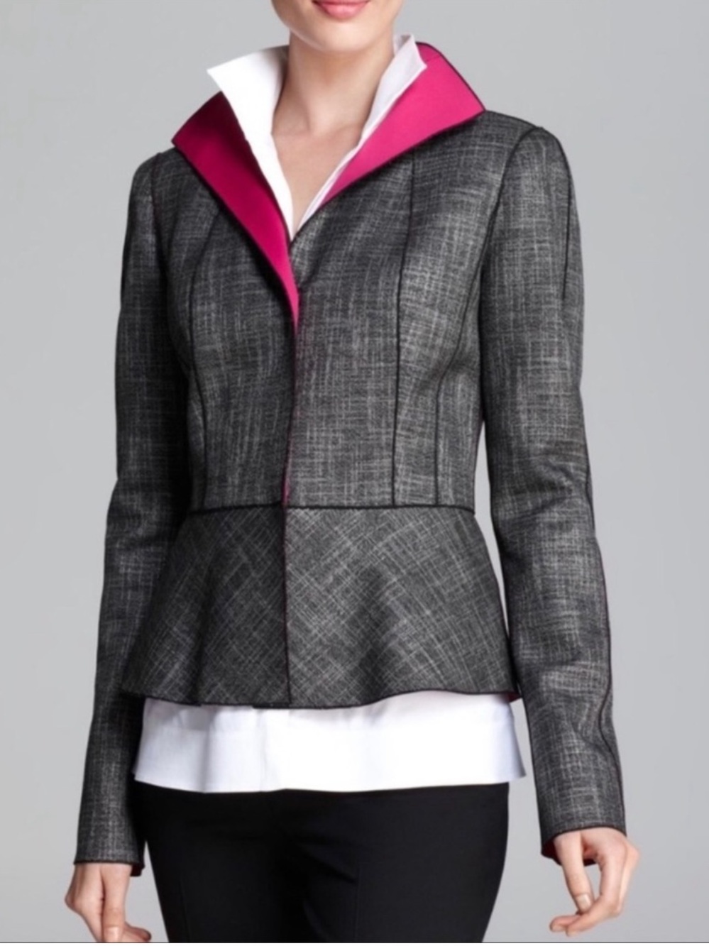 Lafayette 148 New York Amanda Peplum Neoprene Jacket Blazer Black Pink 4 *VGUC*